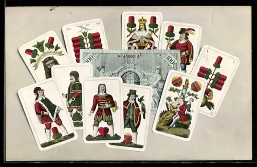 AK Skatblatt und dazwischen ein Geldschein