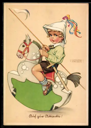 Künstler-AK Lungershausen: Auf zur Attacke, Junge als Ritter auf dem Schaukelpferd