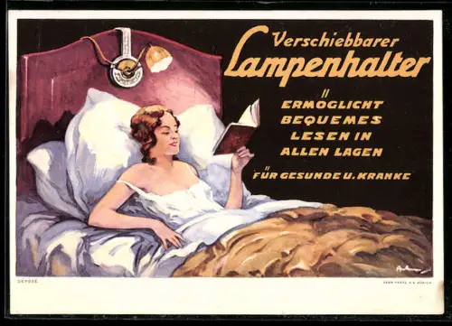 AK Verschiebbarer Lampenhalter, Reklame, Frau liest Buch im Bett