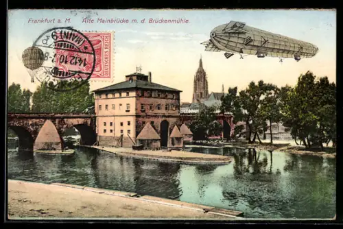 AK Frankfurt a. M., Zeppelin fliegt über Alte Mainbrücke mit Brückenmühle