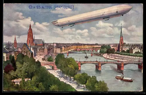 AK Frankfurt-Sachsenhausen, Zeppelin mit Blick über den Main und die gesamte Stadt