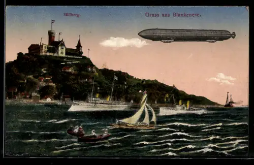 AK Hamburg, Zeppelin passiert den Süllberg und fliegt über Dampfer und Segelboot