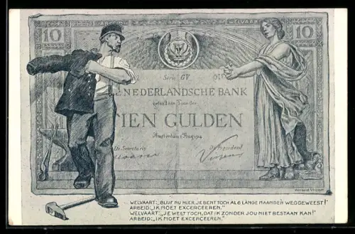 AK Arbeiter und Frau auf einem niederländischen zehn Gulden-Schein