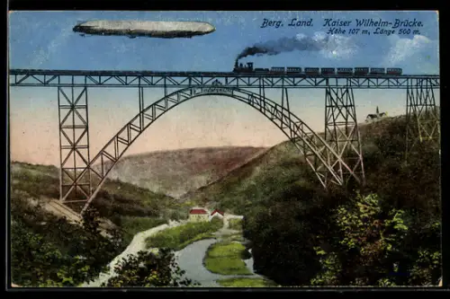 AK Müngsten, Luftschiff über Kaiser Wilhelm-Brücke, Zeppelin