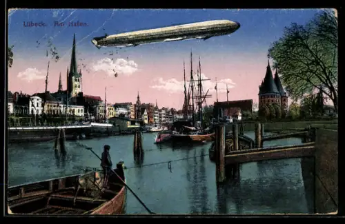AK Lübeck, Hafenpartie mit Zeppelin