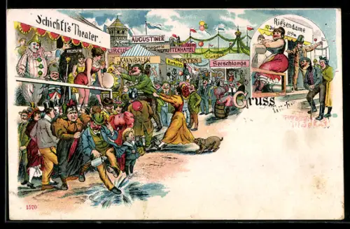 Lithographie Besucher auf einem Volksfest vor den Attraktionen Schichtl's Theater und Riesendame