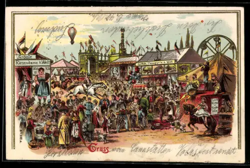 Lithographie Partie auf einem Volksfest mit Riesendame, Menagerie und Zaubertheater