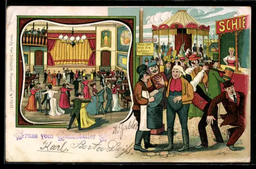 Lithographie Cannstatt, Partien auf dem Volksfest mit Ballsaal und Schiessstand