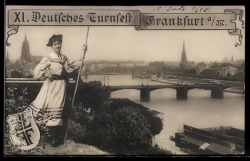 AK Frankfurt a. M., XI. deutsches Turnfest, Schild mit Turnerkreuz und Frau in Matrosenuniform
