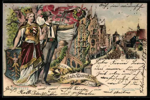 AK Nürnberg, X. Deutsches Turnfest 1903, Germania mit Wappen