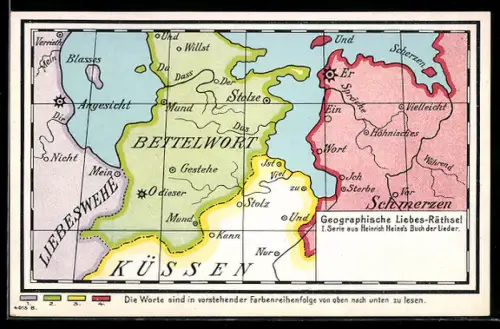 AK Küssen, Landkarte mit Stolze, Kann, Nur, optische Täuschung