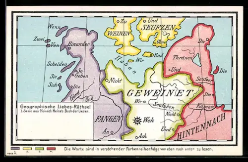 AK Landkarte mit Liebesrätsel, Farbenreihenfolge zählt
