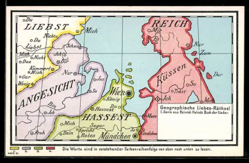 AK Landkarte mit Liebes-Rätsel, Farbenreihenfolge beim Lesen beachten