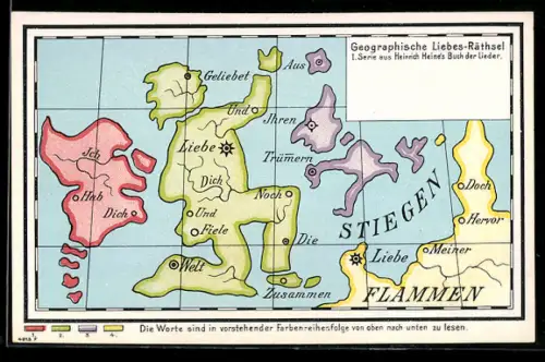 AK Landkarte mit Liebes-Rätsel, Farbenreihenfolge beim Lesen beachten