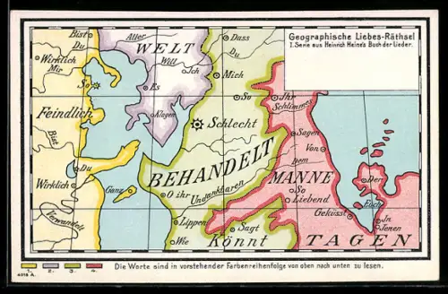 AK Geographische Liebes-Rätsel, Aus der 1. Serie von Heinrich Heines Buch der Lieder, optische Täuschung, Landkarte