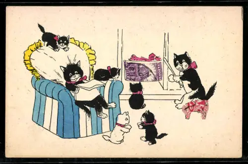 AK Katzenfamilie sitzt auf Möbeln aus Briefmarken