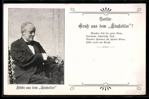 AK Berlin, Gruss aus dem Einsiedler, Herr in eleganter Kleidung sitzt an einem Tisch