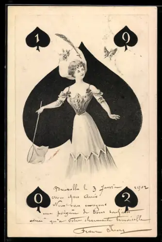 Künstler-AK sign. E. Schiendl: Pik-Dame mit Insektennetz