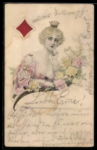 AK Elegante Dame mit Krone als Motiv einer Spielkarte