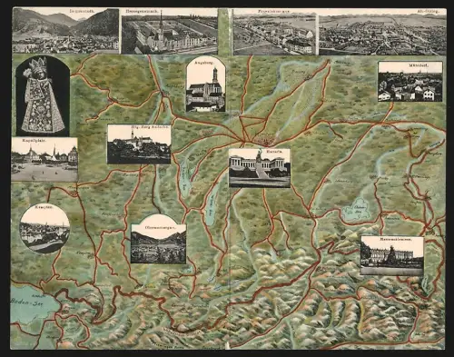 Klapp-AK Immenstadt, Ortsansicht aus der Vogelschau, Topographische Karte Ammersee bis München und Umgebung