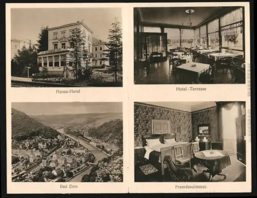 Klapp-AK Bad Ems, Hansa-Hotel, Bes. Alex. Marschang, Hotel-Terrasse, Fremdenzimmer, Ortsansicht von Bad Ems