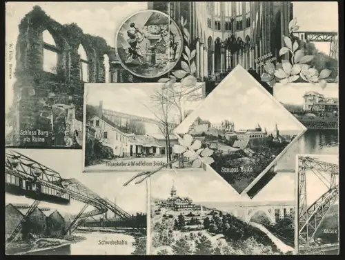 Klapp-AK Solingen, Felsenkeller und Windfellner Brücke, Schwebebahn, Schloss Burg als Ruine, Inneres vom Dom