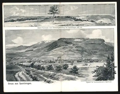 Klapp-AK Spaichingen, Panorama mit Dreifaltigkeitsberg, Alpenpanorama vom Dreifaltigkeitsberg