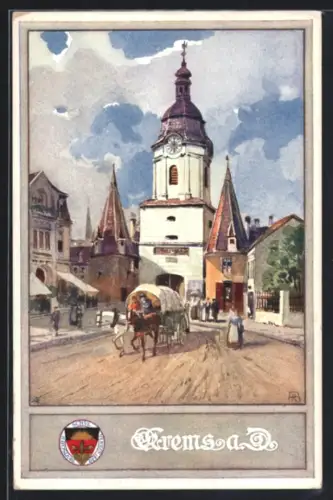 Künstler-AK Krems a. D., Strassenansicht mit Uhrturm