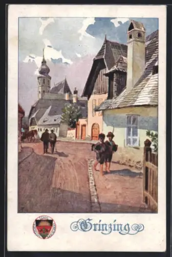 Künstler-AK Grinzing, Strasse mit Häusern und Kirche