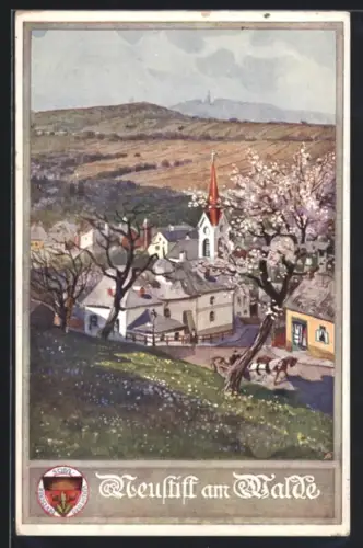 Künstler-AK Neustift am Walde, Ort mit Kirche und Frühlingslandschaft