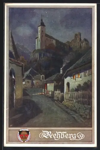 Künstler-AK Rehberg, Strassenpartie mit Kirche bei Nacht