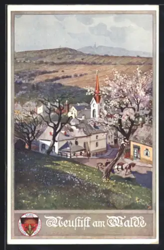 Künstler-AK Neustift am Walde, Ortsansicht mit Kirche