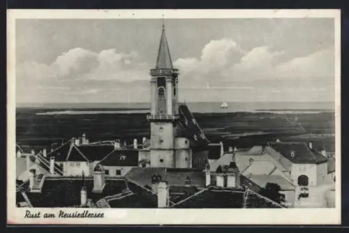 AK Rust am Neusiedlersee, Kirchturm mit Blick auf den See