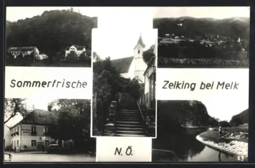 AK Zelking bei Melk, Fritz Erber Gasthof, Kirche, Badende am Ufer