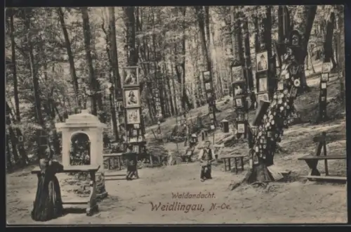 AK Weidlingau /N.-Oe., Waldandacht, Personen im Wald