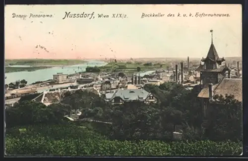 AK Wien, Nussdorf, Donau-Panorama mit Bockkeller des k. u. k. Hofbräuhauses