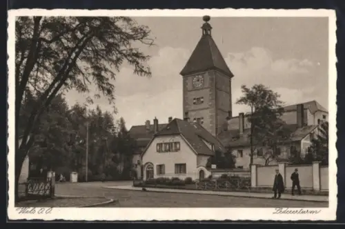 AK Wels /Ob. Öst., Blick zum Ledererturm