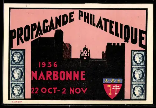 Künstler-AK Narbonne, Propagande Philatelique 22.10.-2.11. 1936, Ausstellung, Briefmarken, Wappen