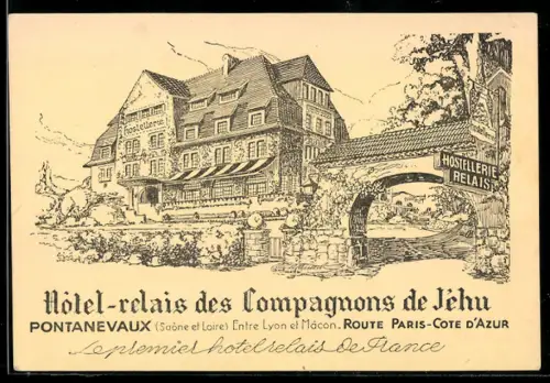 Künstler-AK Pontanevaux /Saône et Loire, Hôtel-relais des Compagnons de J`ehu