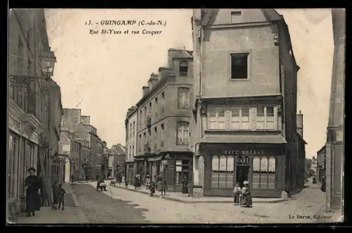 AK Guingamp /C.-du-N., Rue St-Yves et rue Cosquer, Café Breban