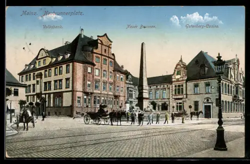 AK Mainz, Neubrunnenplatz mit Volksbank und Gutenberg-Casino