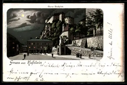 Mondschein-Lithographie Kufstein, Oberer Stadtplatz mit beleuchteten Fenstern