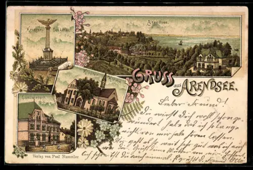 Lithographie Arendsee, Krieger-Denkmal, Kloster Kirche, Landwirtschaftliche Schule