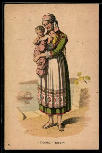 Künstler-AK Tessin, Anciens Costumes Suisses authentiques, Schweizerin in Tracht mit Kind