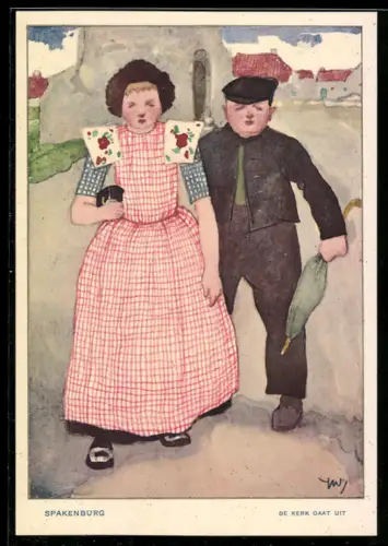 Künstler-AK Spakenburg, Paar nach dem Kirchgang, Niederländische Kinderfürsorge