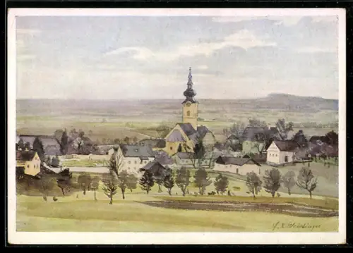 Künstler-AK Leonding b. Linz, Ortsansicht mit Blick ins Land