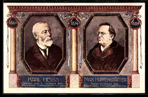 Künstler-AK Karl Heiss und Max Koppenstätter, Vorstände des Bayerischen Volksschullehrervereins