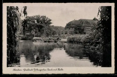 AK M.-Gladbach, Volksgarten-Teich mit Halle