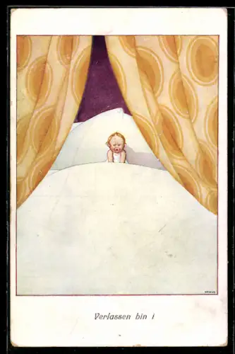 Künstler-AK Kriwub: Kleines Kind liegt allein im zu grossen Bett