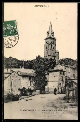 AK Maringues, Quartier d`Andou, Strassenpartie mit Kirchblick